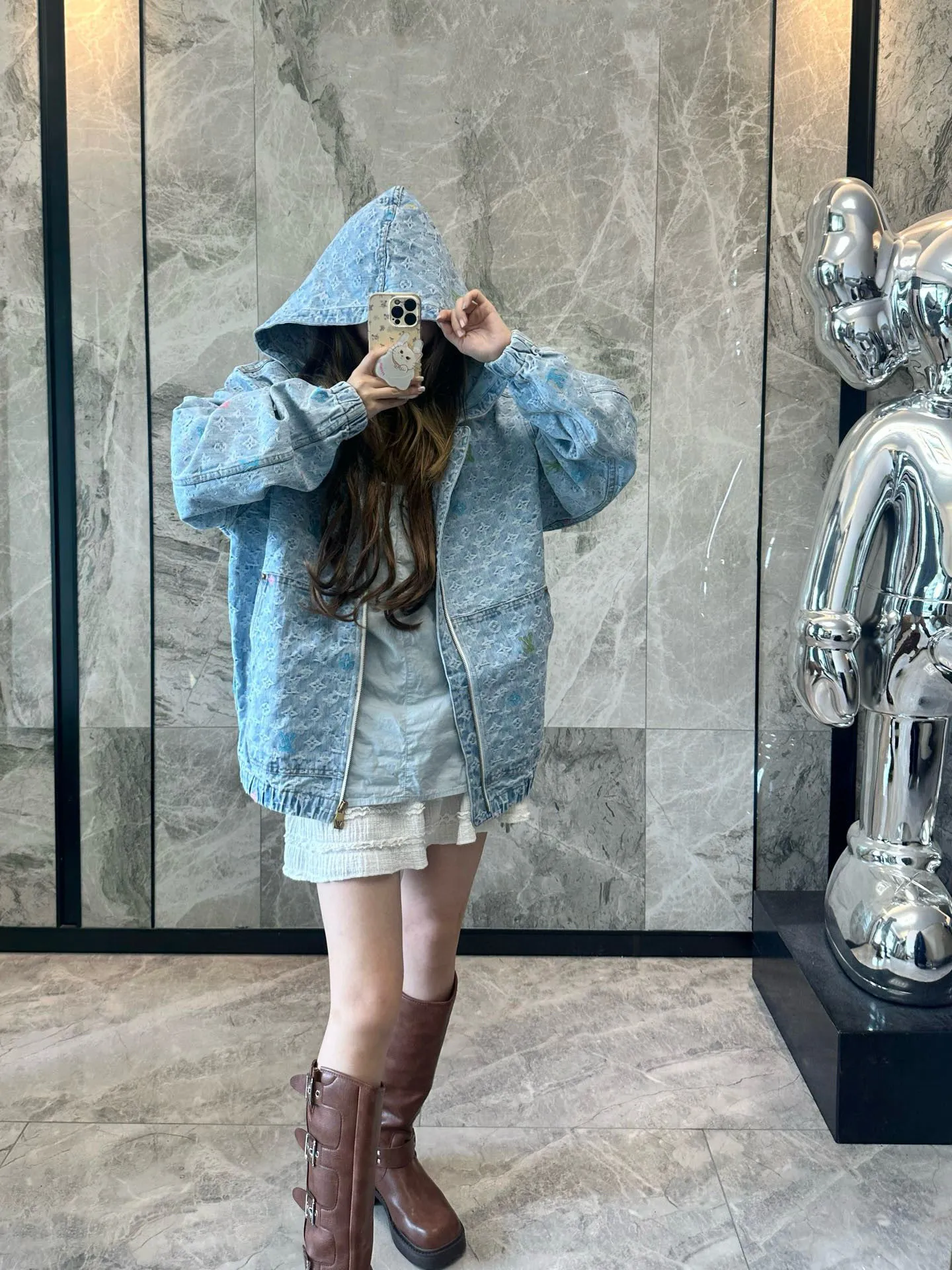 Louis Vuitton/Louis Vuitton 25Fw old flower jacquard embroidered zipper hooded denim jacket